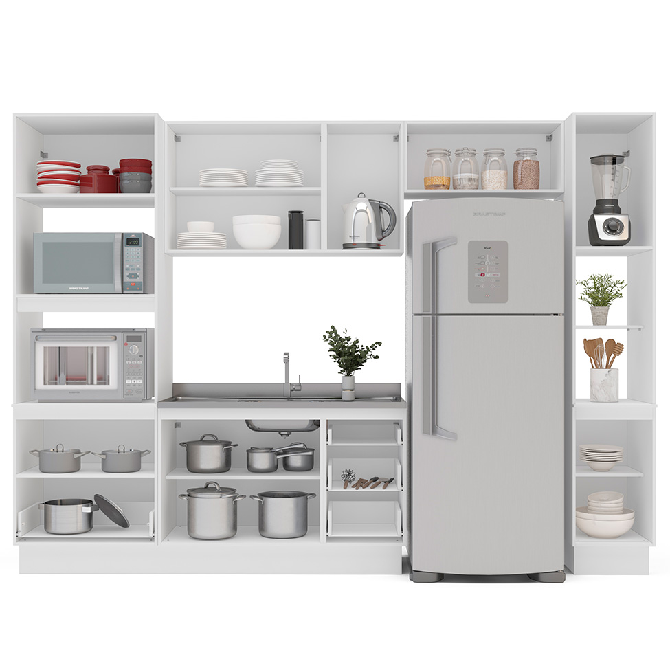 Cozinha Compacta Sem Tampo com Rodapé e Paneleiro Amara 9 Portas 5 Gavetas Creme e Branca