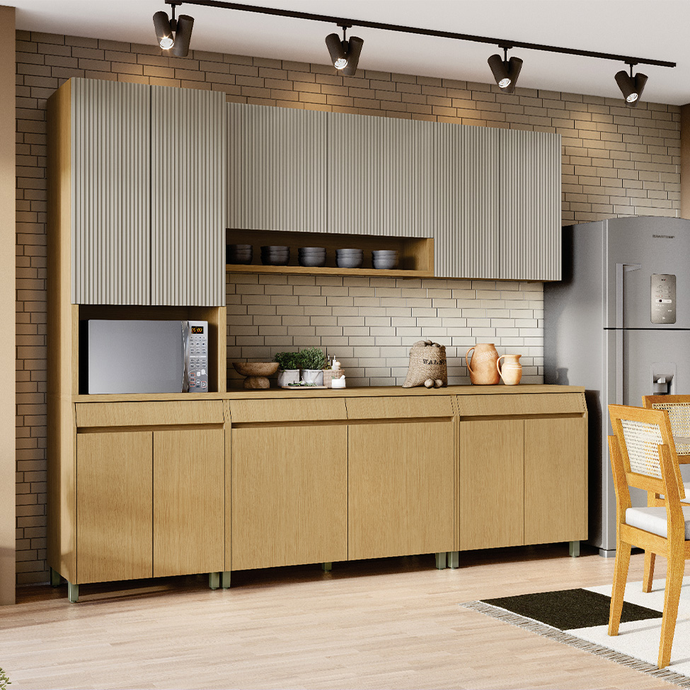 Cozinha Compacta Simone Mendes 100% MDF 12 Portas 4 Gavetas Bege e Carvalho