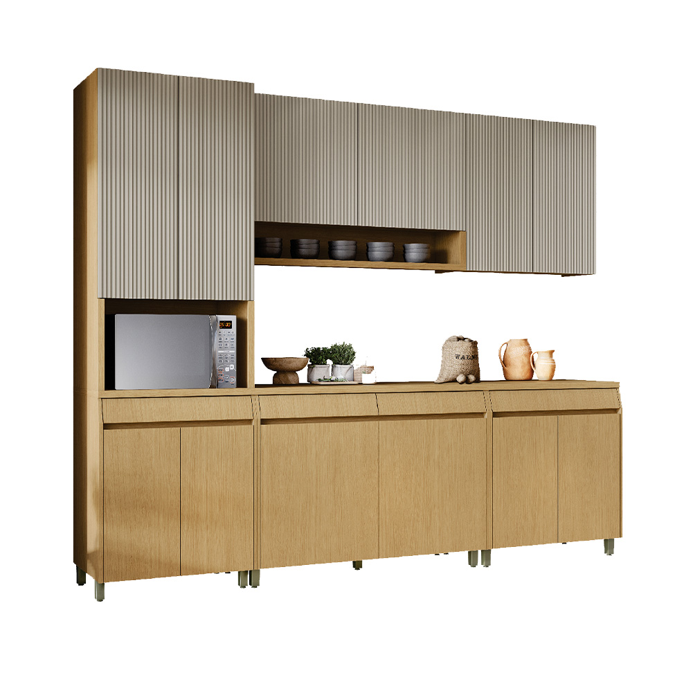 Cozinha Compacta Simone Mendes 100% MDF 12 Portas 4 Gavetas Bege e Carvalho