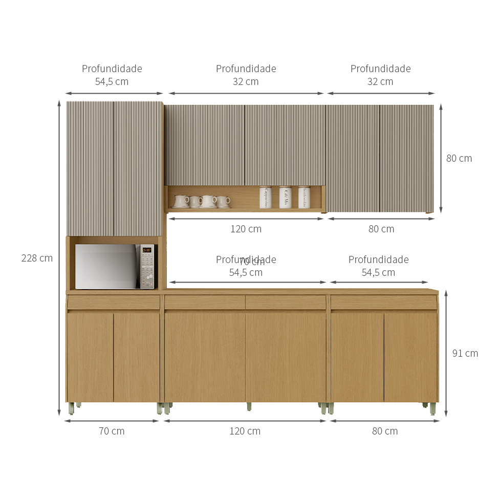 Cozinha Compacta Simone Mendes 100% MDF 12 Portas 4 Gavetas Bege e Carvalho