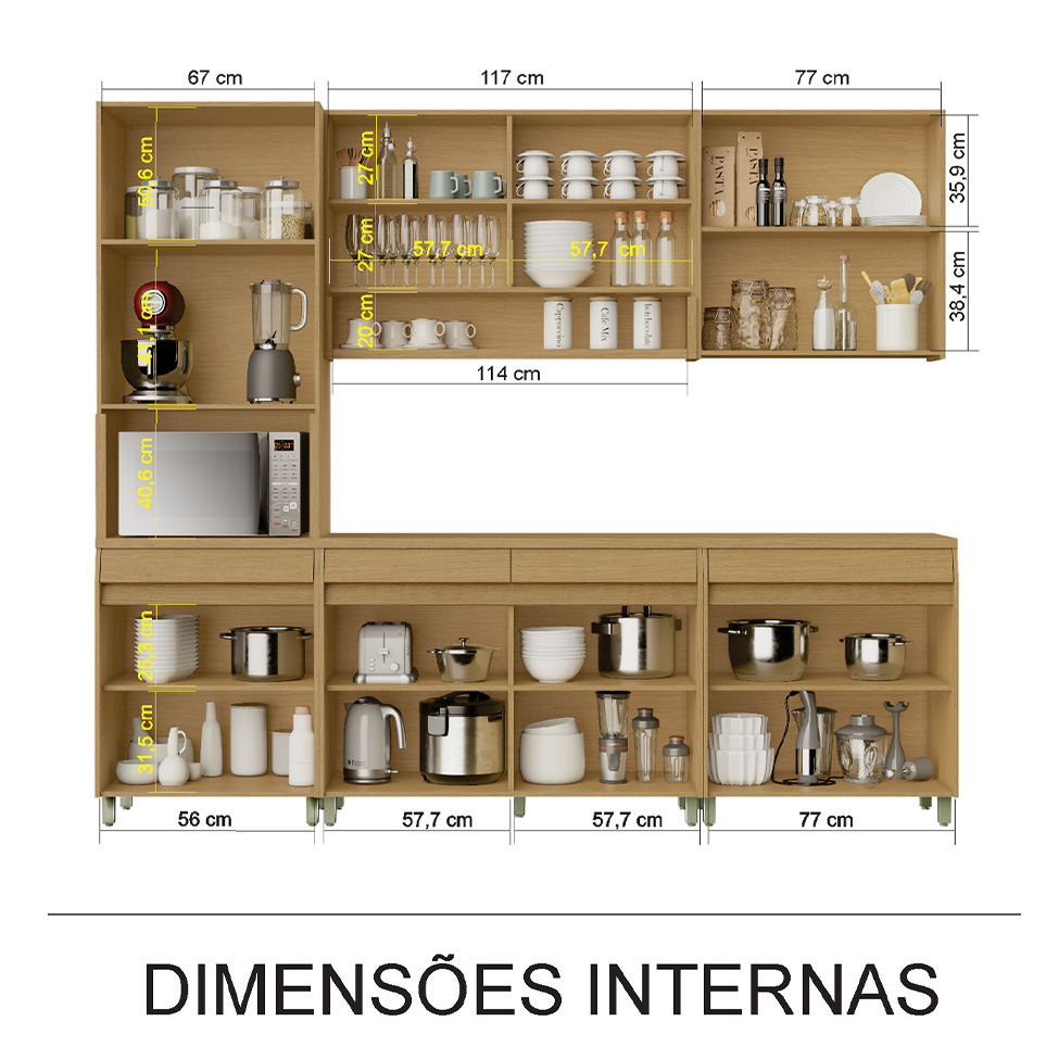 Cozinha Compacta Simone Mendes 100% MDF 12 Portas 4 Gavetas Bege e Carvalho