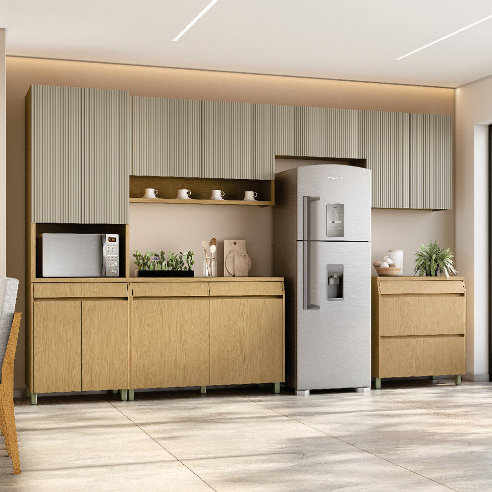 Cozinha Compacta Simone Mendes 100% MDF 13 Portas 4 Gavetas Bege e Carvalho
