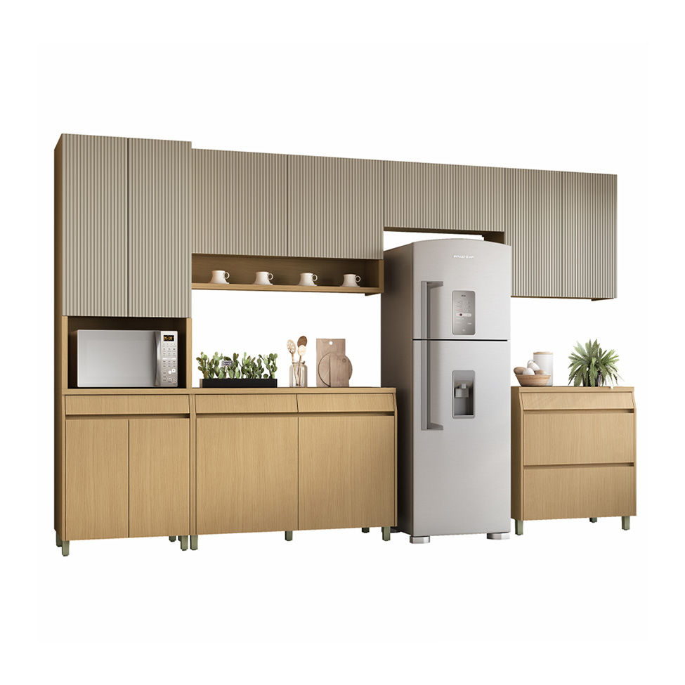 Cozinha Compacta Simone Mendes 100% MDF 13 Portas 4 Gavetas Bege e Carvalho