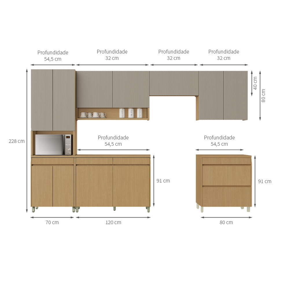 Cozinha Compacta Simone Mendes 100% MDF 13 Portas 4 Gavetas Bege e Carvalho