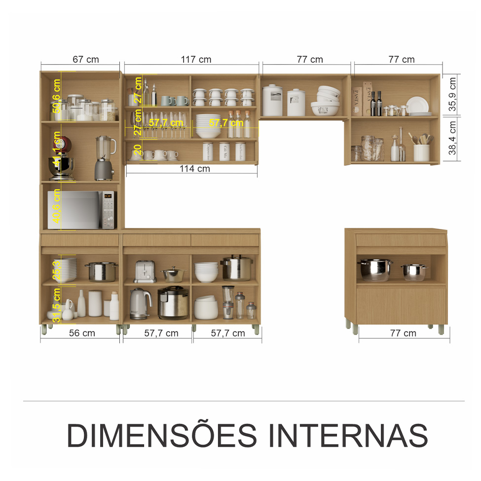 Cozinha Compacta Simone Mendes 100% MDF 13 Portas 4 Gavetas Bege e Carvalho