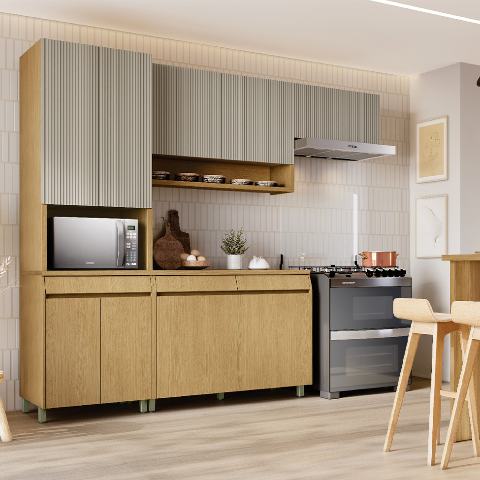 Cozinha Compacta Simone Mendes 100% MDF 9 Portas 3 Gavetas Bege e Carvalho