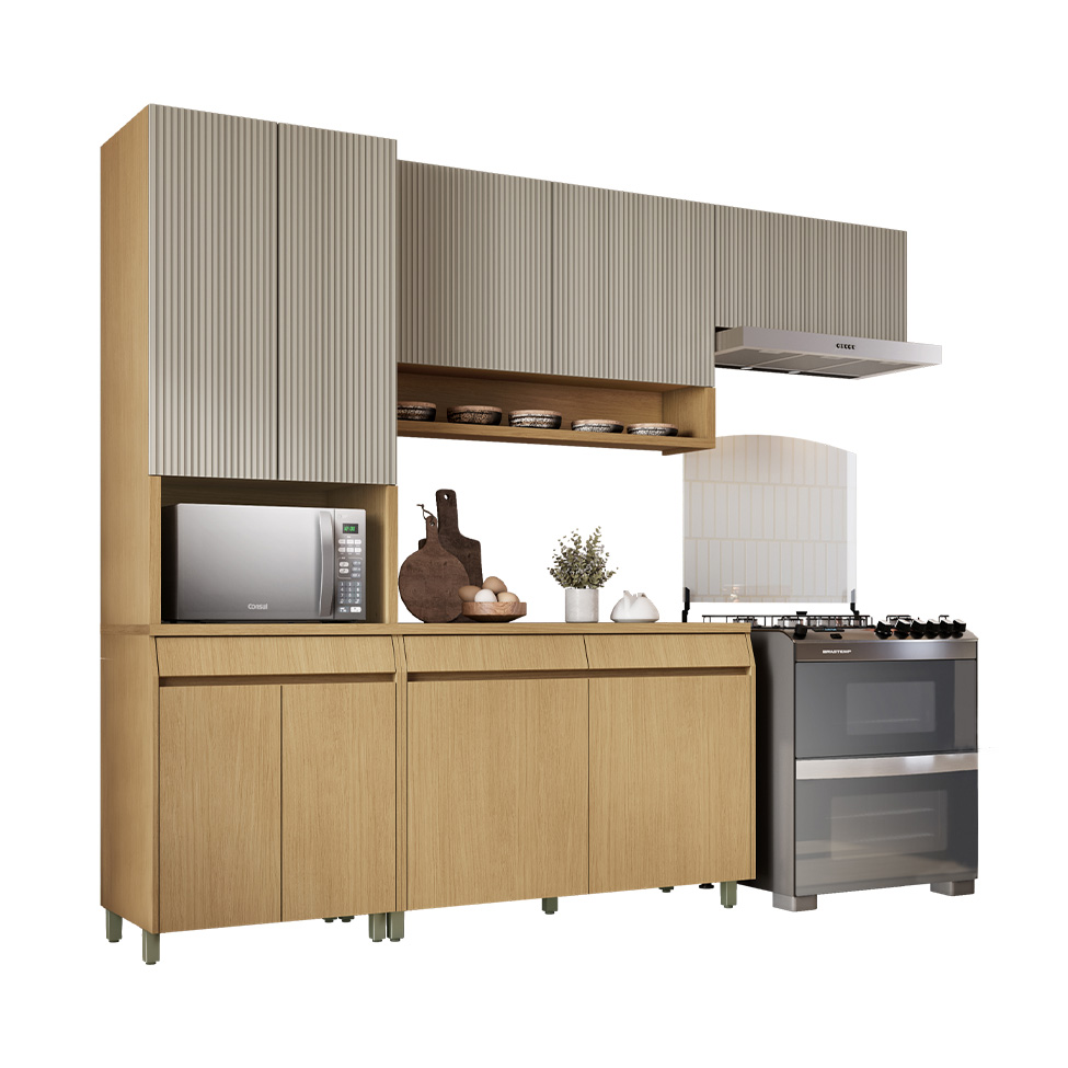 Cozinha Compacta Simone Mendes 100% MDF 9 Portas 3 Gavetas Bege e Carvalho