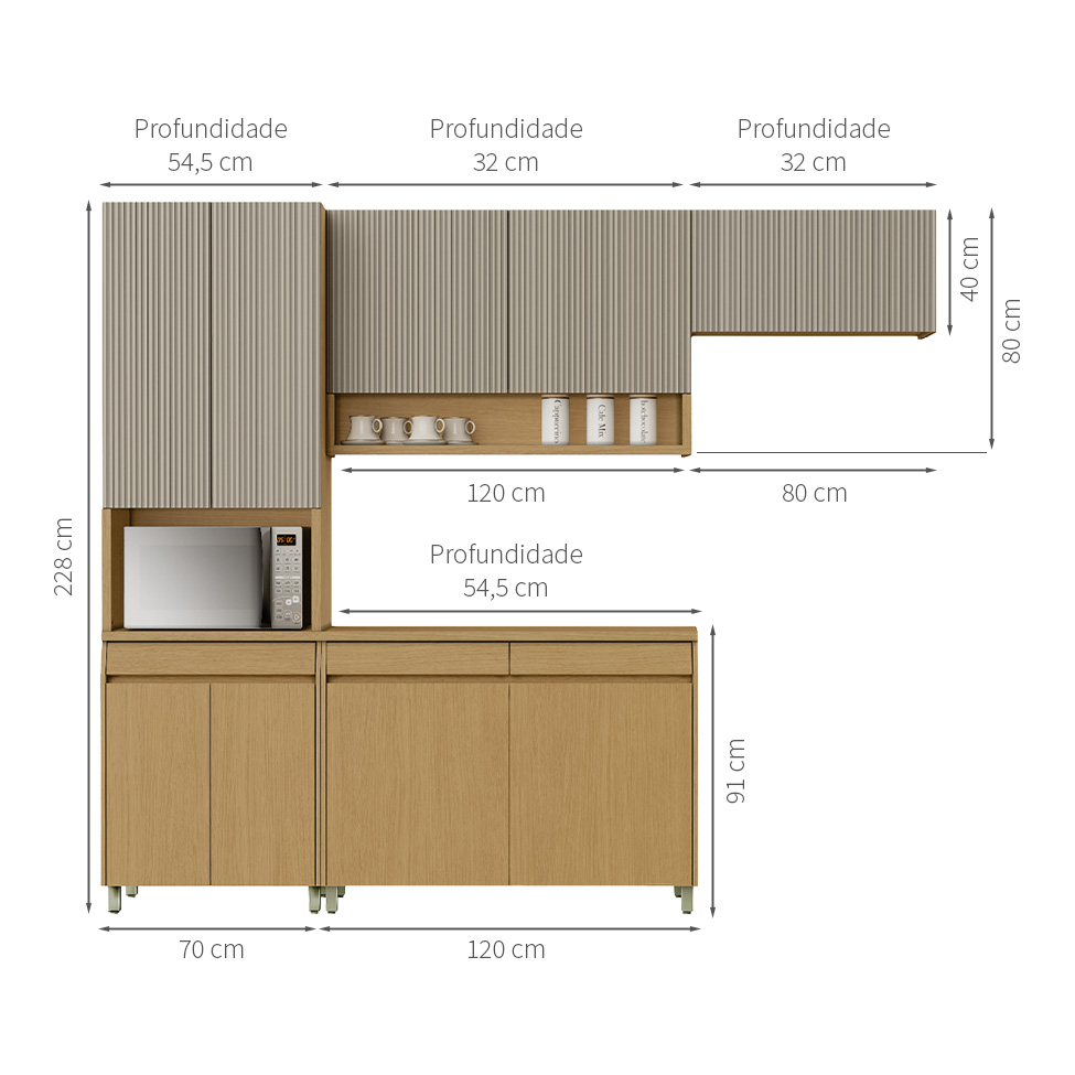 Cozinha Compacta Simone Mendes 100% MDF 9 Portas 3 Gavetas Bege e Carvalho