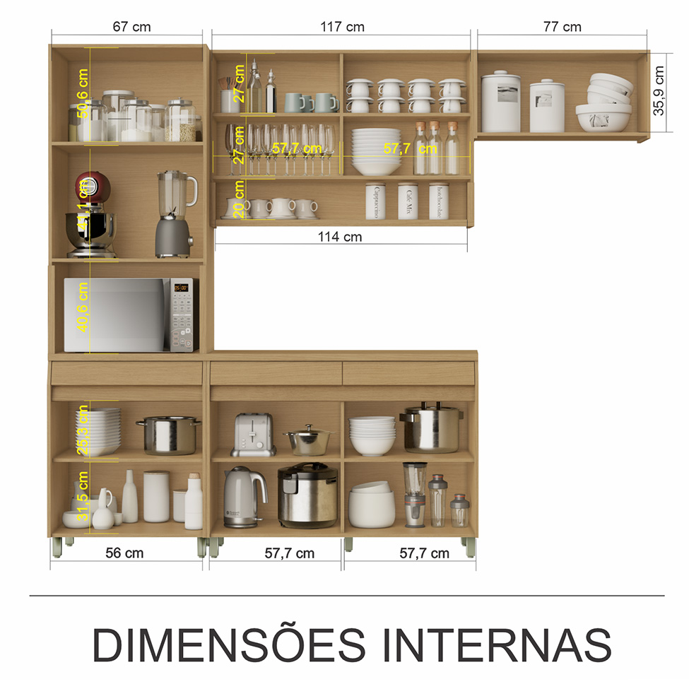 Cozinha Compacta Simone Mendes 100% MDF 9 Portas 3 Gavetas Bege e Carvalho