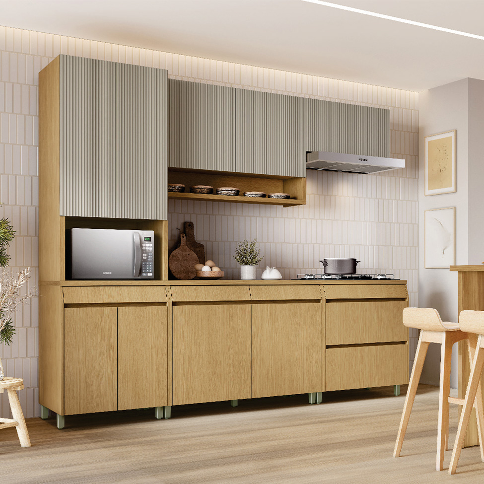 Cozinha Compacta Simone Mendes 100% MDF 9 Portas 4 Gavetas Bege e Carvalho