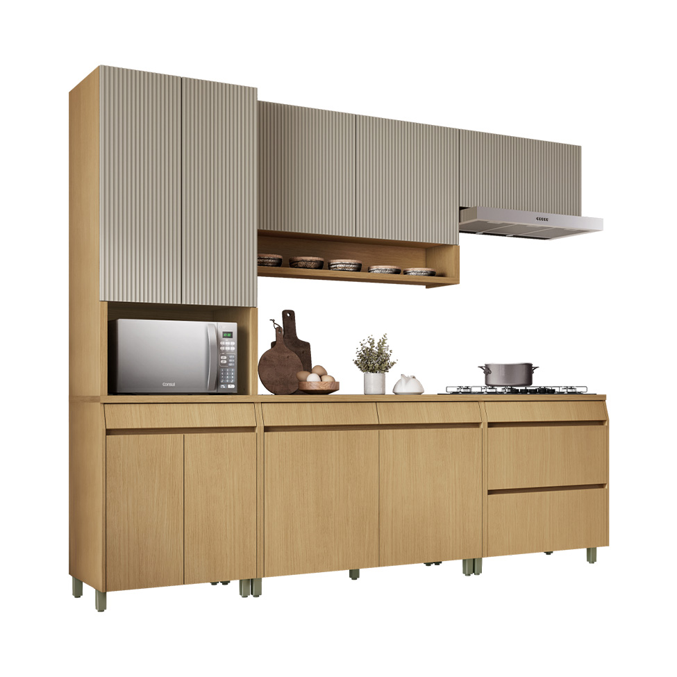 Cozinha Compacta Simone Mendes 100% MDF 9 Portas 4 Gavetas Bege e Carvalho