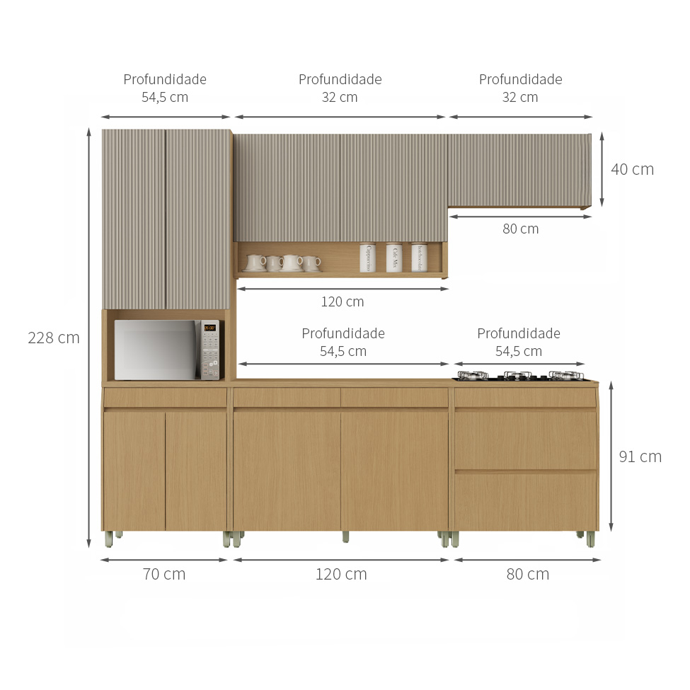 Cozinha Compacta Simone Mendes 100% MDF 9 Portas 4 Gavetas Bege e Carvalho