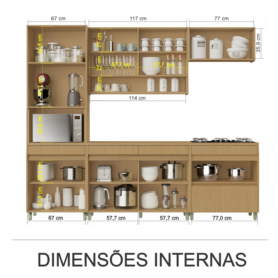 Cozinha Compacta Simone Mendes 100% MDF 9 Portas 4 Gavetas Bege e Carvalho