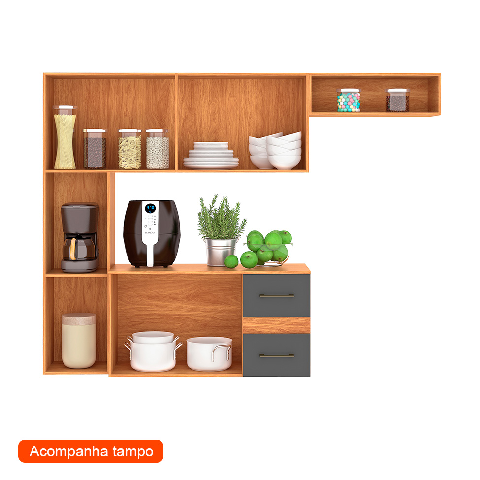 Cozinha Compacta Suspensa Mila 7 Portas 2 Gavetas Cinamomo e Grafite