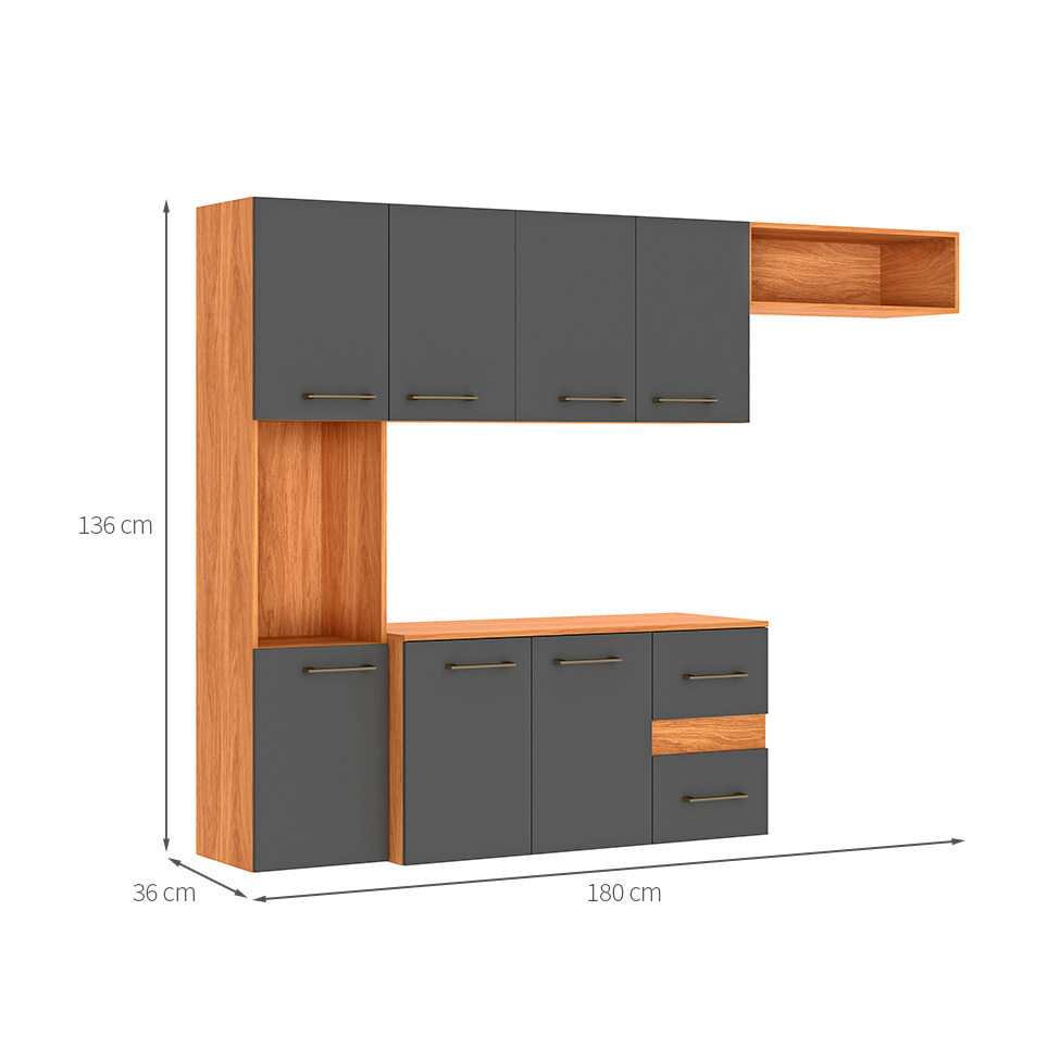 Cozinha Compacta Suspensa Mila 7 Portas 2 Gavetas Cinamomo e Grafite