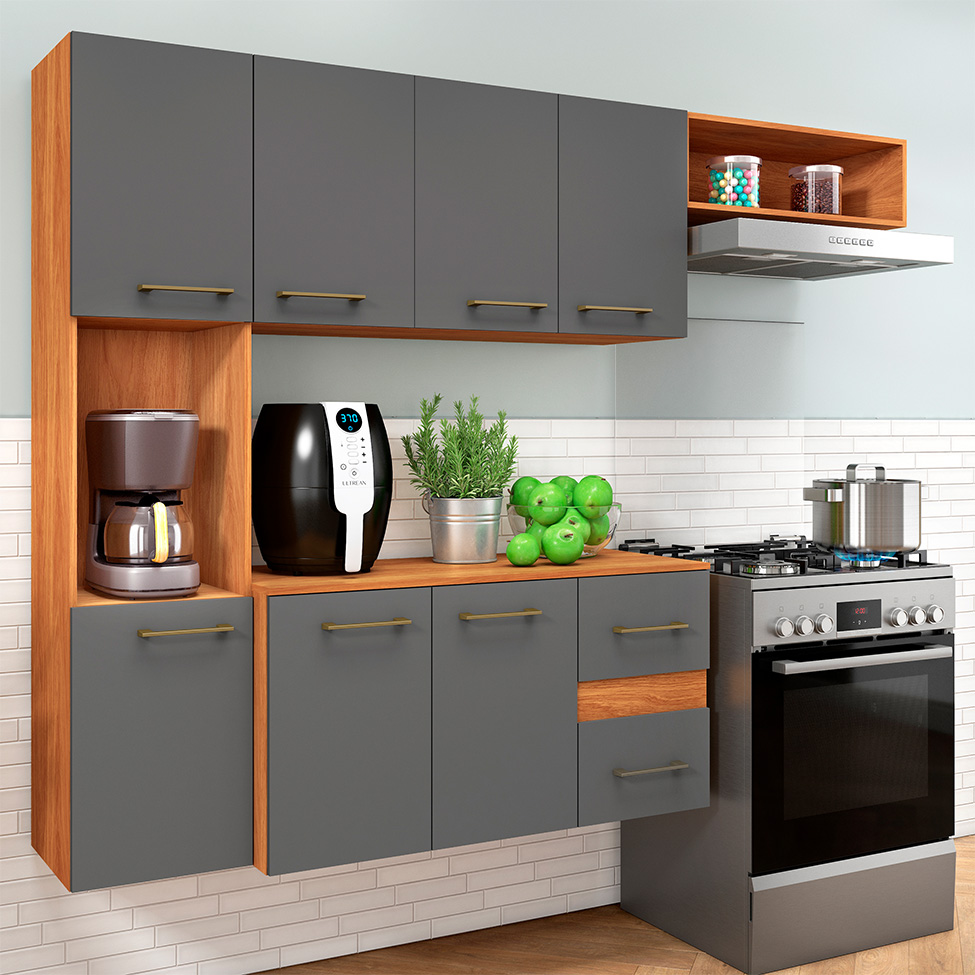 Cozinha Compacta Suspensa Mila 7 Portas 2 Gavetas Cinamomo e Grafite