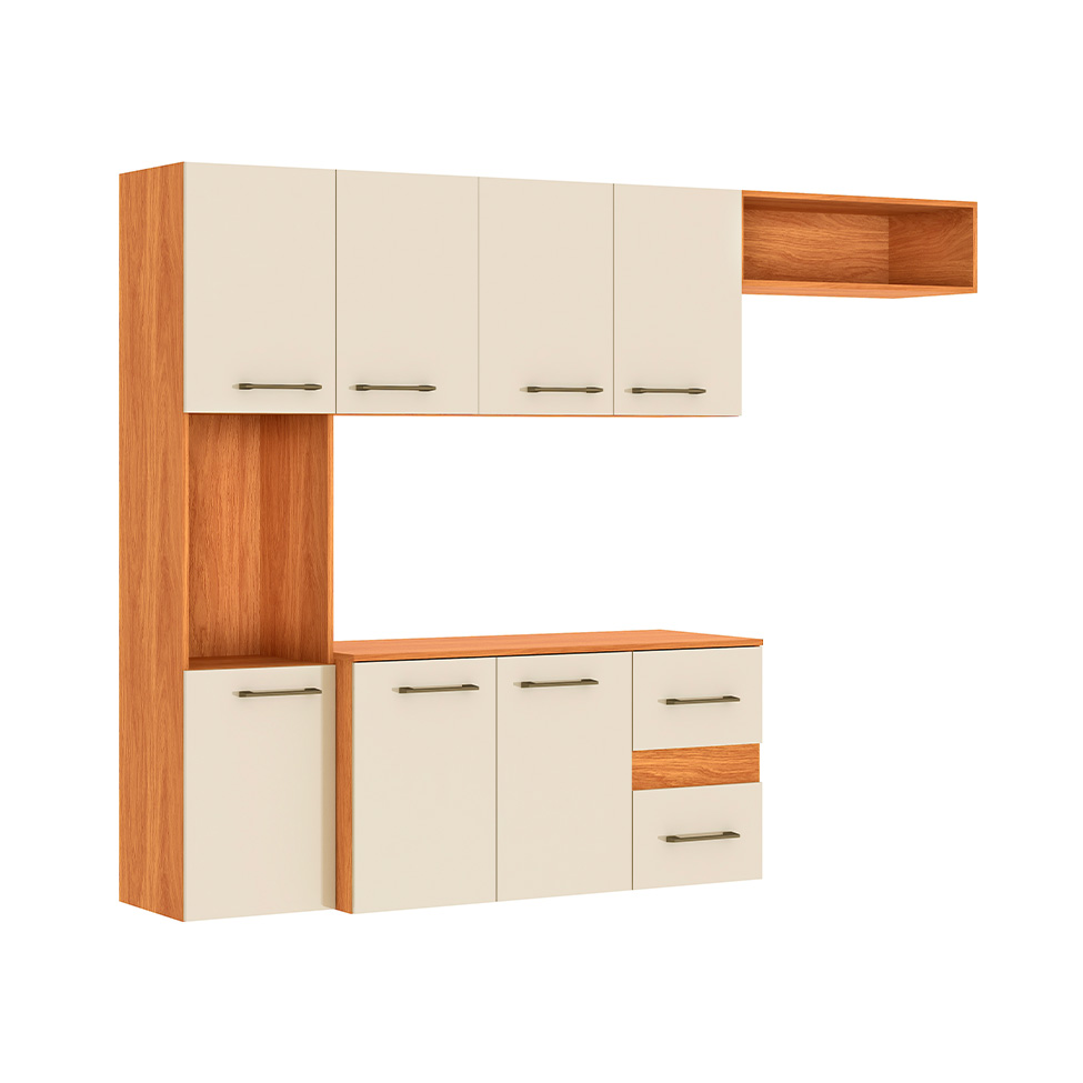 Cozinha Compacta Suspensa Mila 7 Portas 2 Gavetas Cinamomo e Off White