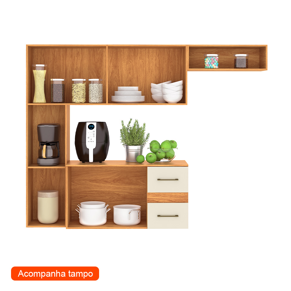 Cozinha Compacta Suspensa Mila 7 Portas 2 Gavetas Cinamomo e Off White