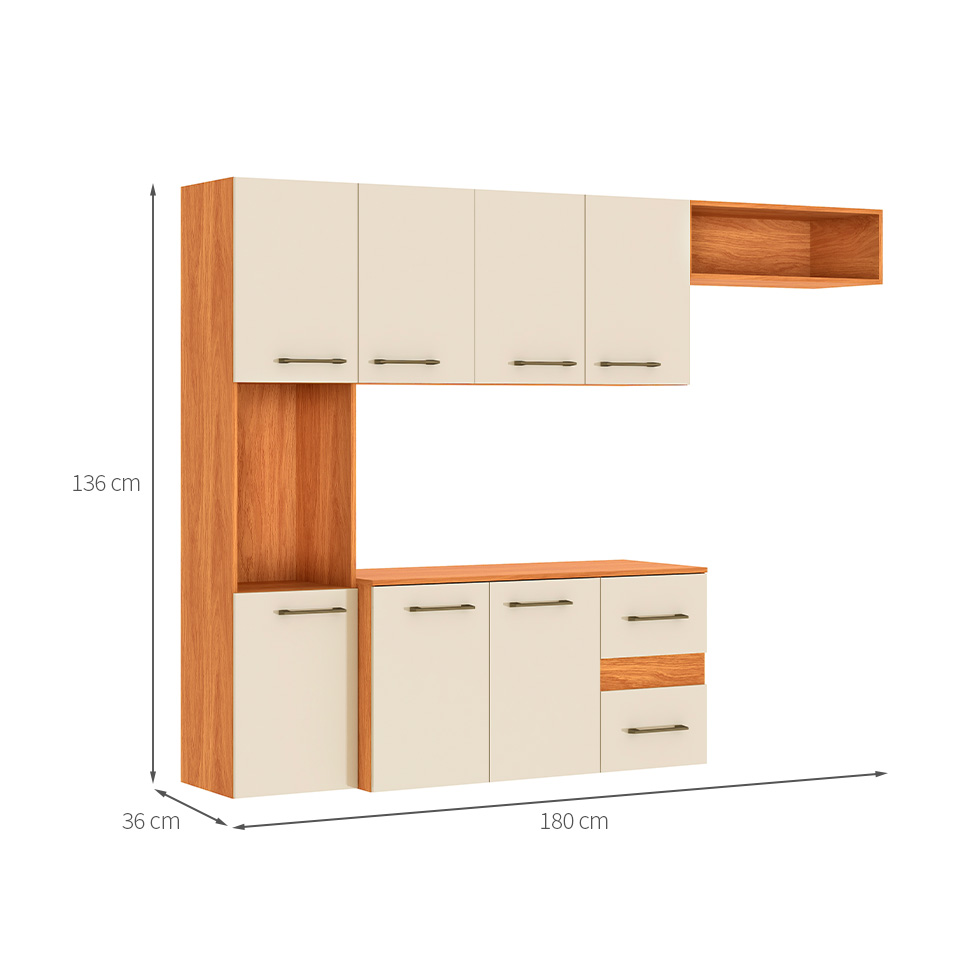 Cozinha Compacta Suspensa Mila 7 Portas 2 Gavetas Cinamomo e Off White
