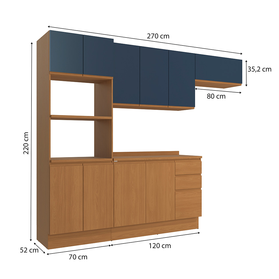 Cozinha Compacta Valence 10 Portas 3 Gavetas Canela e Azul