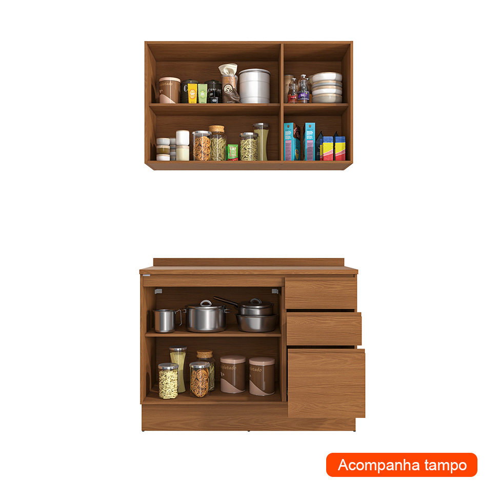 Cozinha Compacta Valence 5 Portas 3 Gavetas Canela