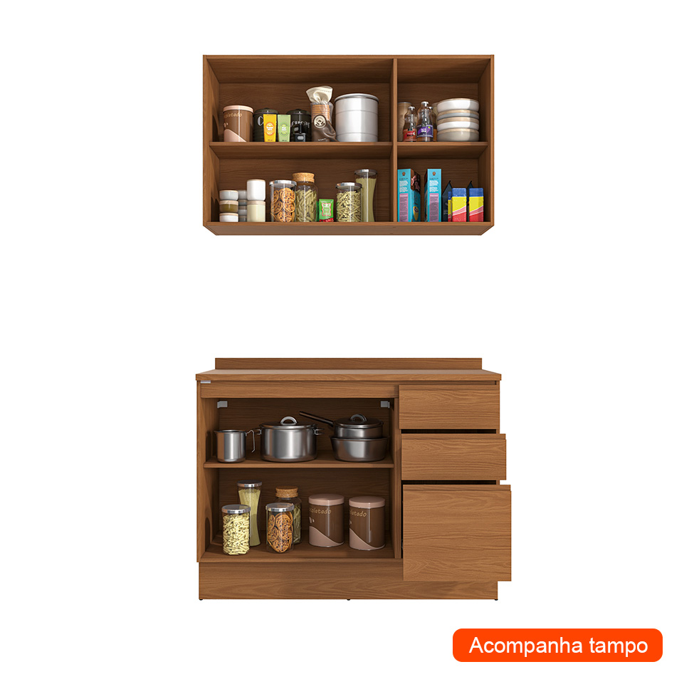 Cozinha Compacta Valence 5 Portas 3 Gavetas Canela e Azul