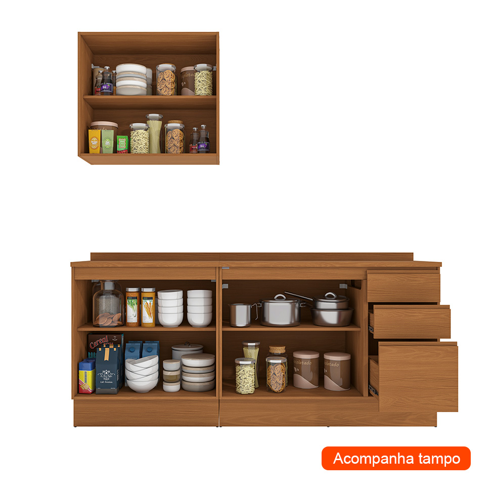 Cozinha Compacta Valence II 6 Portas 3 Gavetas Canela e Azul