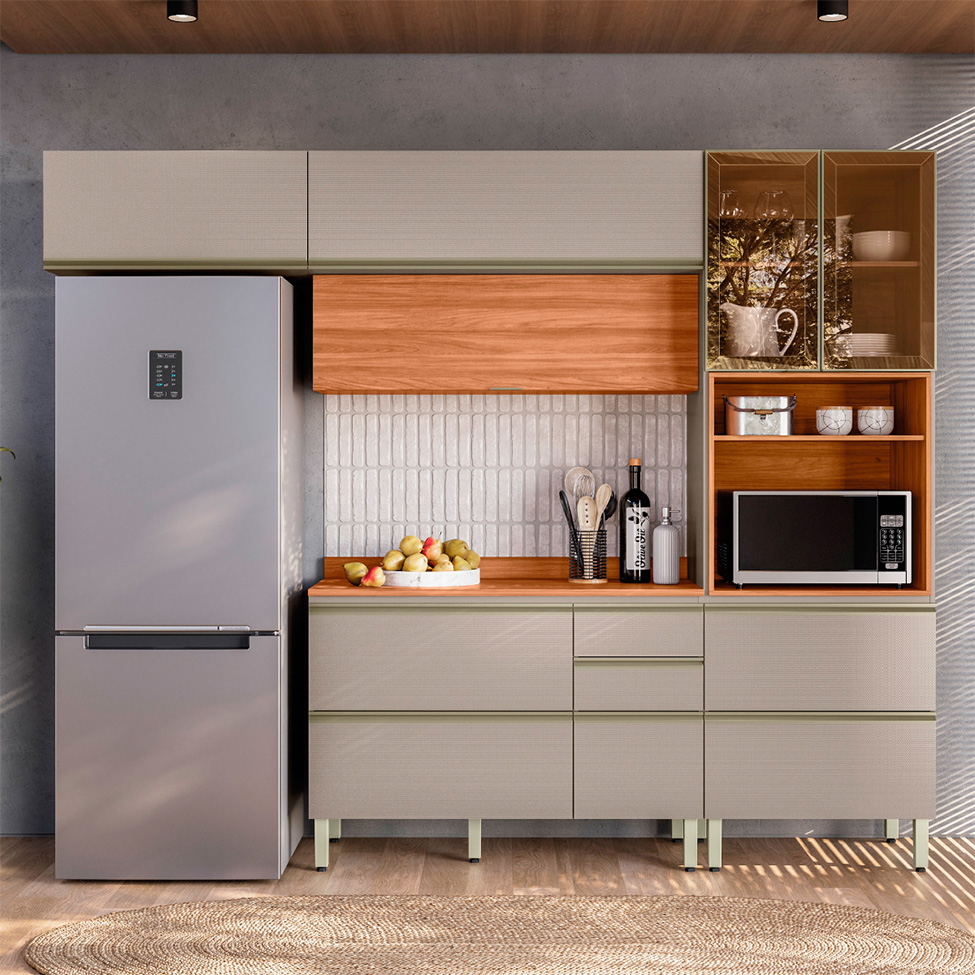 Cozinha Compacta com 2 Vidros Reflecta Proença 6 Portas 6 Gavetas Bege e Nogueira