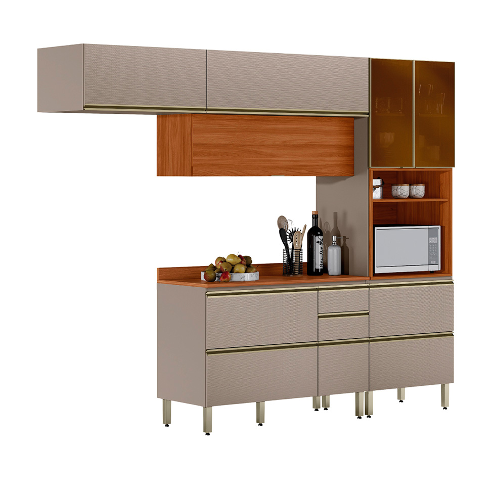 Cozinha Compacta com 2 Vidros Reflecta Proença 6 Portas 6 Gavetas Bege e Nogueira