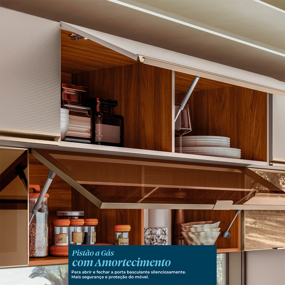 Cozinha Compacta com 2 Vidros Reflecta Proença 6 Portas 6 Gavetas Bege e Nogueira