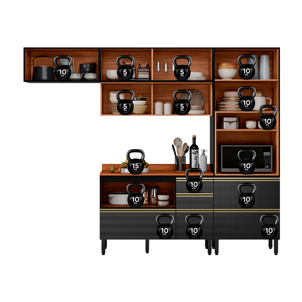 Cozinha Compacta com 2 Vidros Reflecta Proença 6 Portas 6 Gavetas Carbono e Nogueira