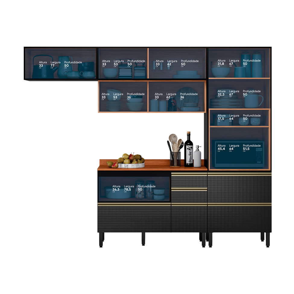 Cozinha Compacta com 2 Vidros Reflecta Proença 6 Portas 6 Gavetas Carbono e Nogueira