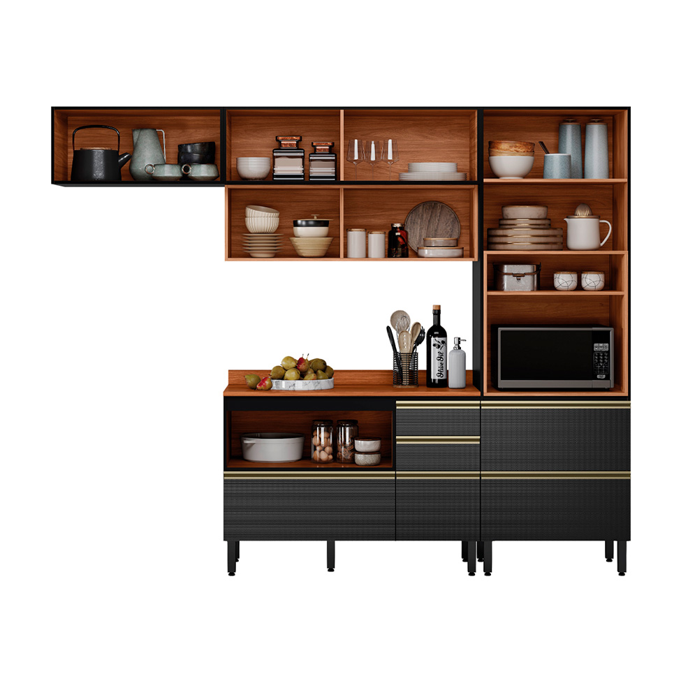 Cozinha Compacta com 2 Vidros Reflecta Proença 6 Portas 6 Gavetas Carbono e Nogueira