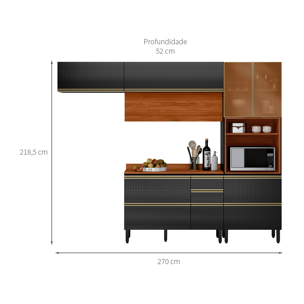 Cozinha Compacta com 2 Vidros Reflecta Proença 6 Portas 6 Gavetas Carbono e Nogueira