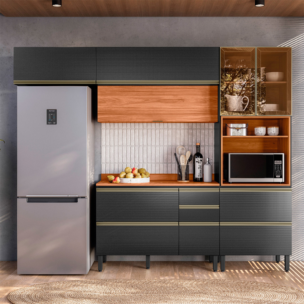 Cozinha Compacta com 2 Vidros Reflecta Proença 6 Portas 6 Gavetas Carbono e Nogueira
