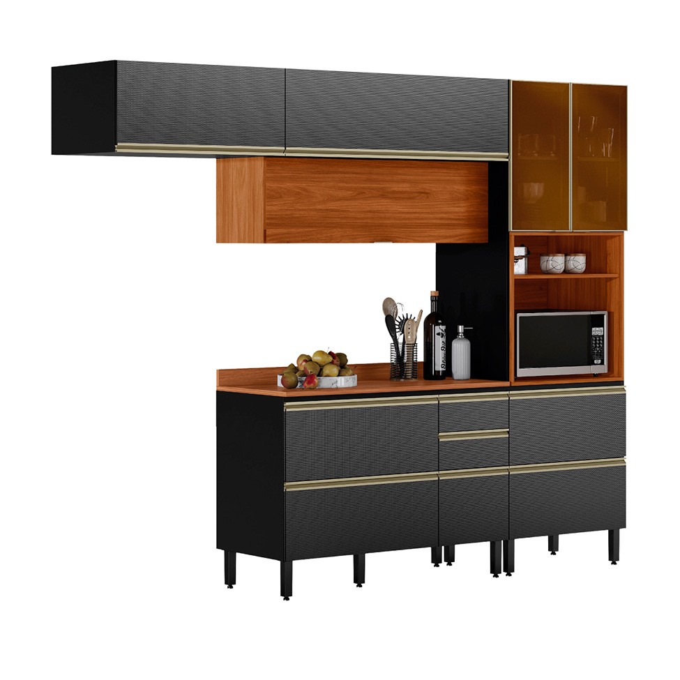 Cozinha Compacta com 2 Vidros Reflecta Proença 6 Portas 6 Gavetas Carbono e Nogueira