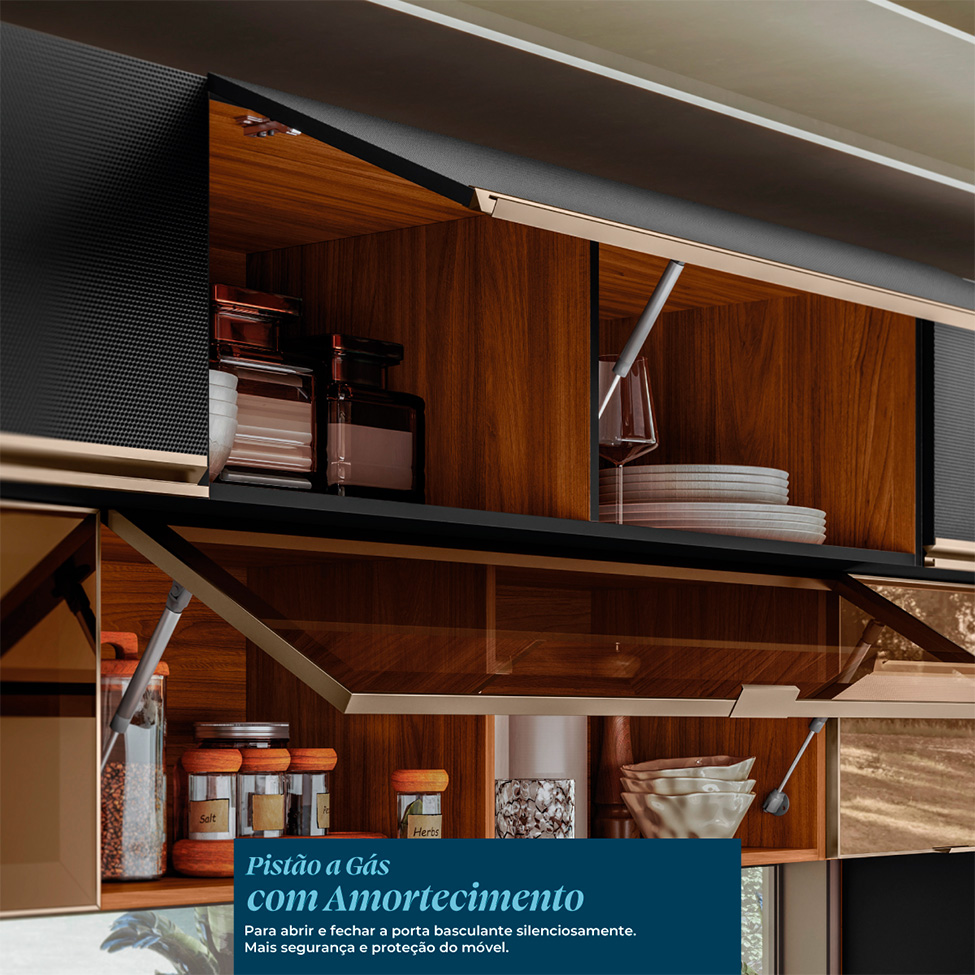 Cozinha Compacta com 2 Vidros Reflecta Proença 6 Portas 6 Gavetas Carbono e Nogueira