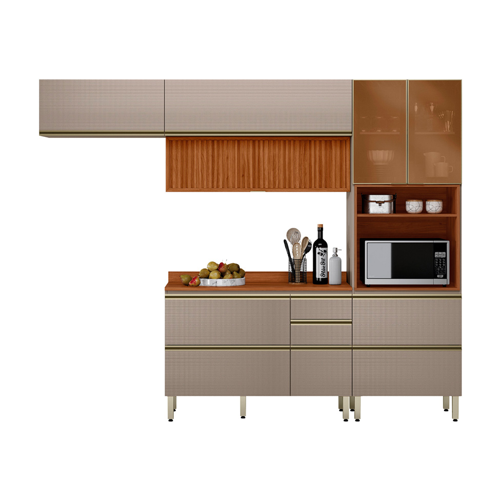 Cozinha Compacta com 2 Vidros Reflecta Ripada Proença 6 Portas 6 Gavetas Bege e Nogueira