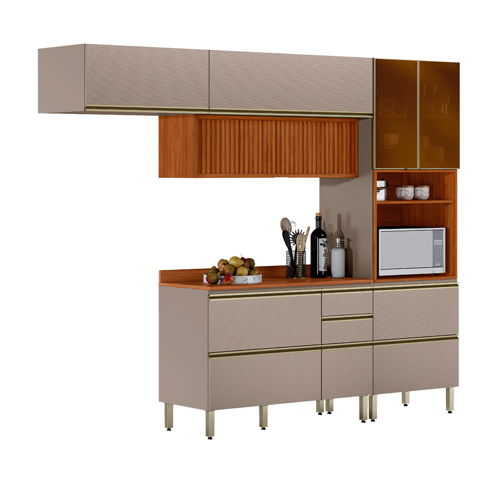 Cozinha Compacta com 2 Vidros Reflecta Ripada Proença 6 Portas 6 Gavetas Bege e Nogueira