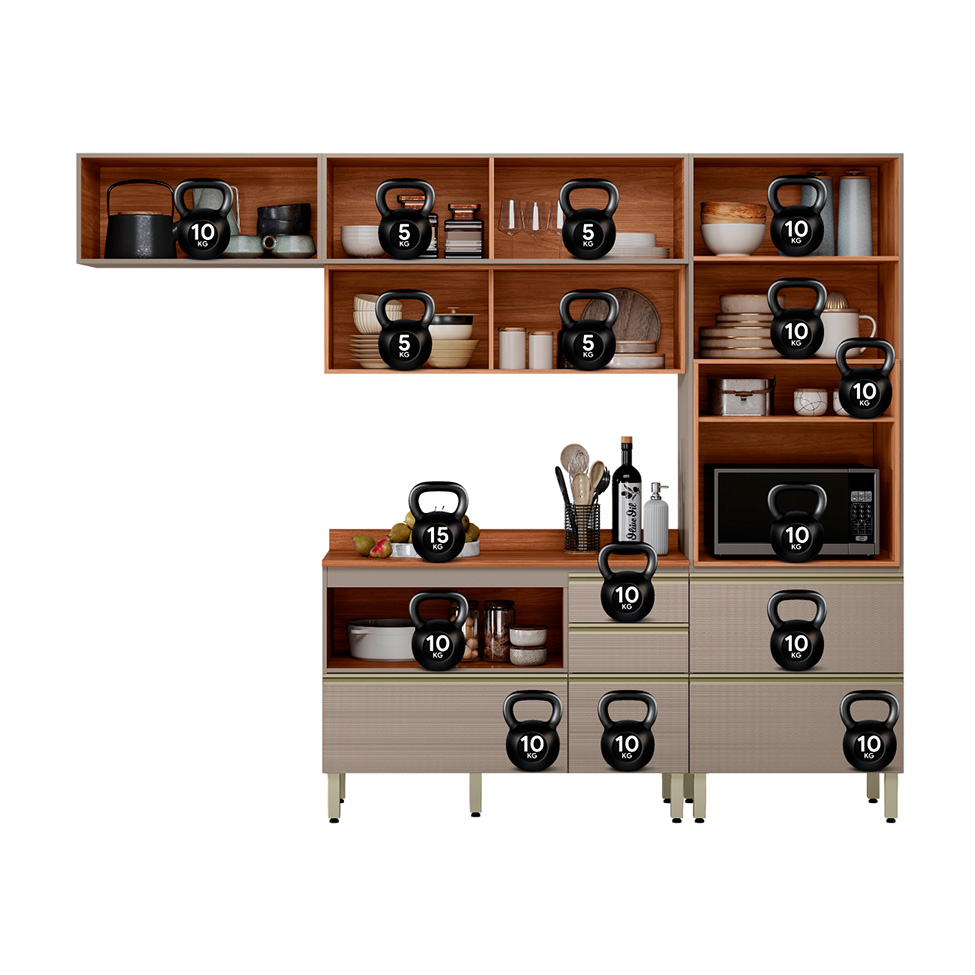 Cozinha Compacta com 2 Vidros Reflecta Ripada Proença 6 Portas 6 Gavetas Bege e Nogueira