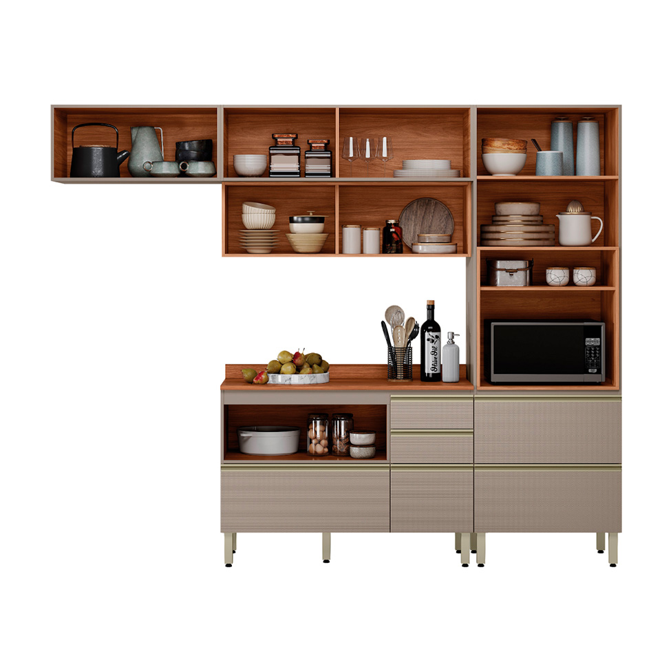 Cozinha Compacta com 3 Vidros Reflecta Proença 6 Portas 6 Gavetas Bege e Nogueira