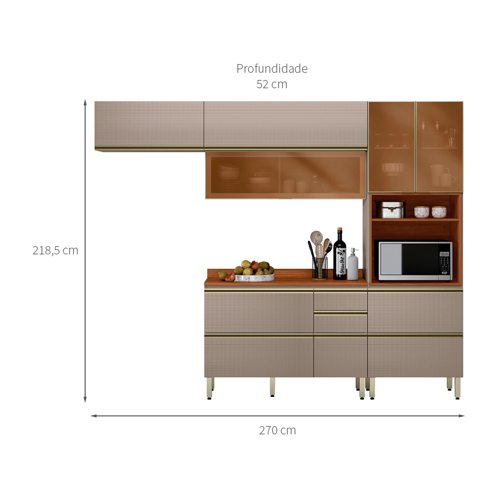 Cozinha Compacta com 3 Vidros Reflecta Proença 6 Portas 6 Gavetas Bege e Nogueira