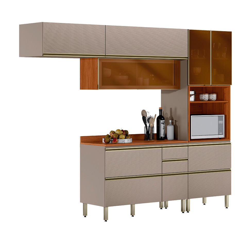 Cozinha Compacta com 3 Vidros Reflecta Proença 6 Portas 6 Gavetas Bege e Nogueira
