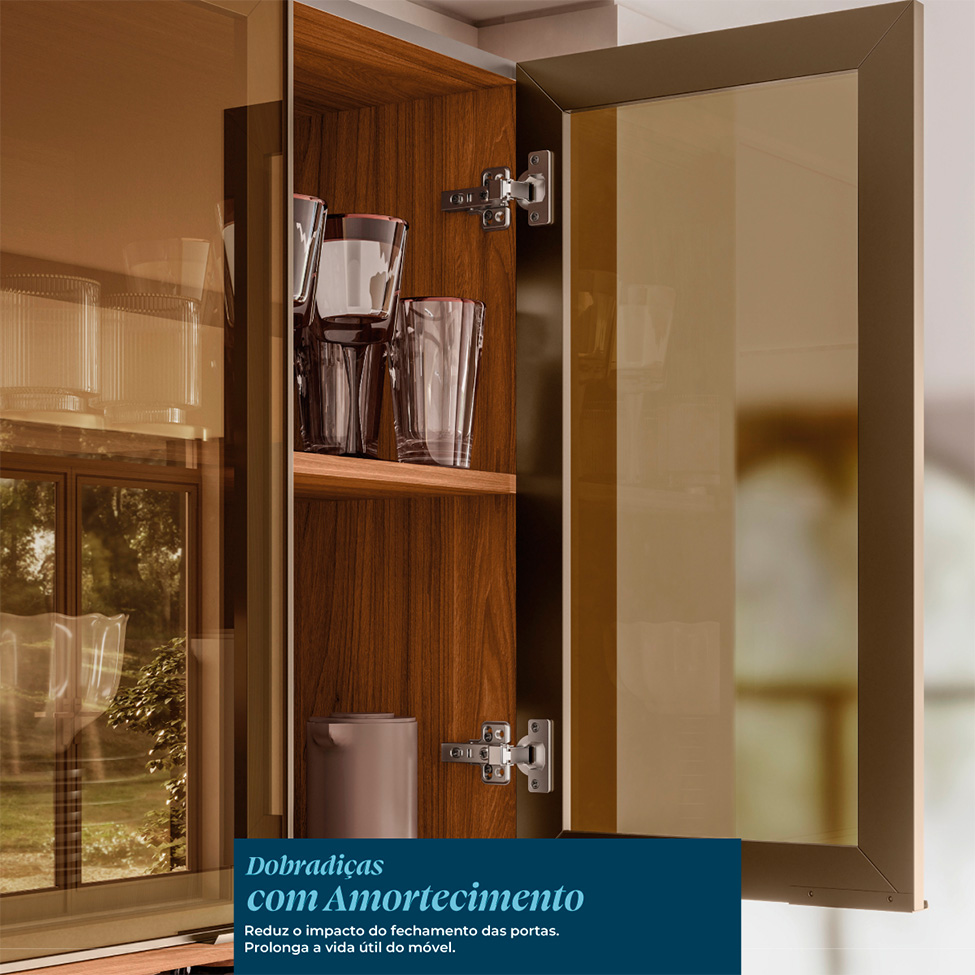 Cozinha Compacta com 3 Vidros Reflecta Proença 6 Portas 6 Gavetas Bege e Nogueira