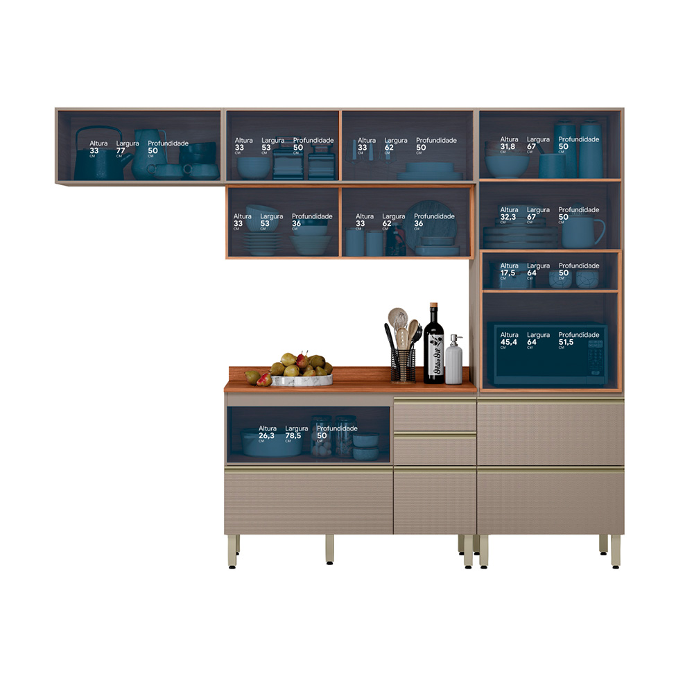 Cozinha Compacta com 3 Vidros Reflecta Proença 6 Portas 6 Gavetas Bege e Nogueira