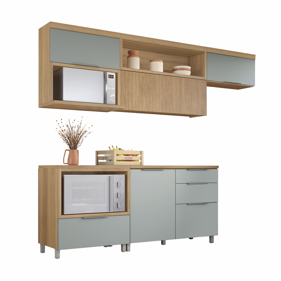 Cozinha Compacta com Nicho para Forno Marquesa 100% MDF 4 Portas 4 Gavetas Verde e Nature