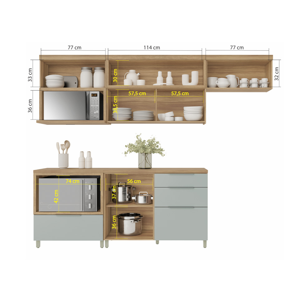 Cozinha Compacta com Nicho para Forno Marquesa 100% MDF 4 Portas 4 Gavetas Verde e Nature