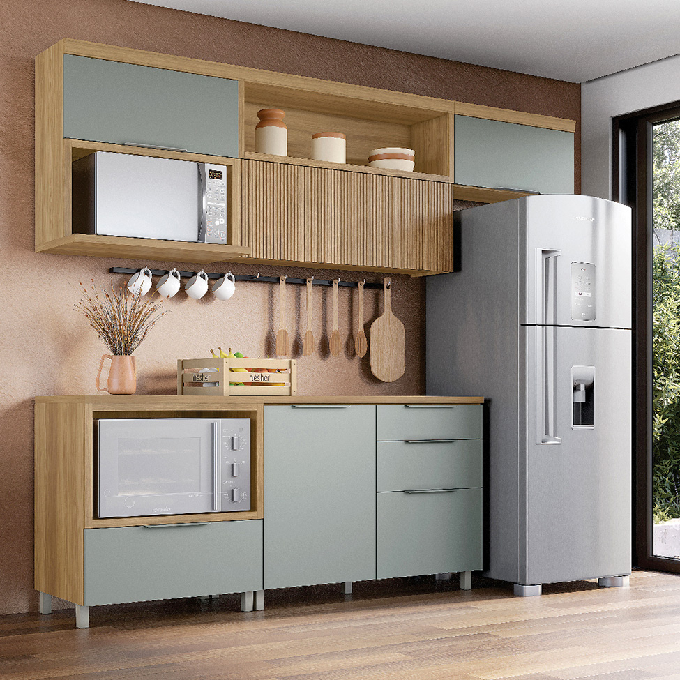 Cozinha Compacta com Nicho para Forno Marquesa 100% MDF 4 Portas 4 Gavetas Verde e Nature