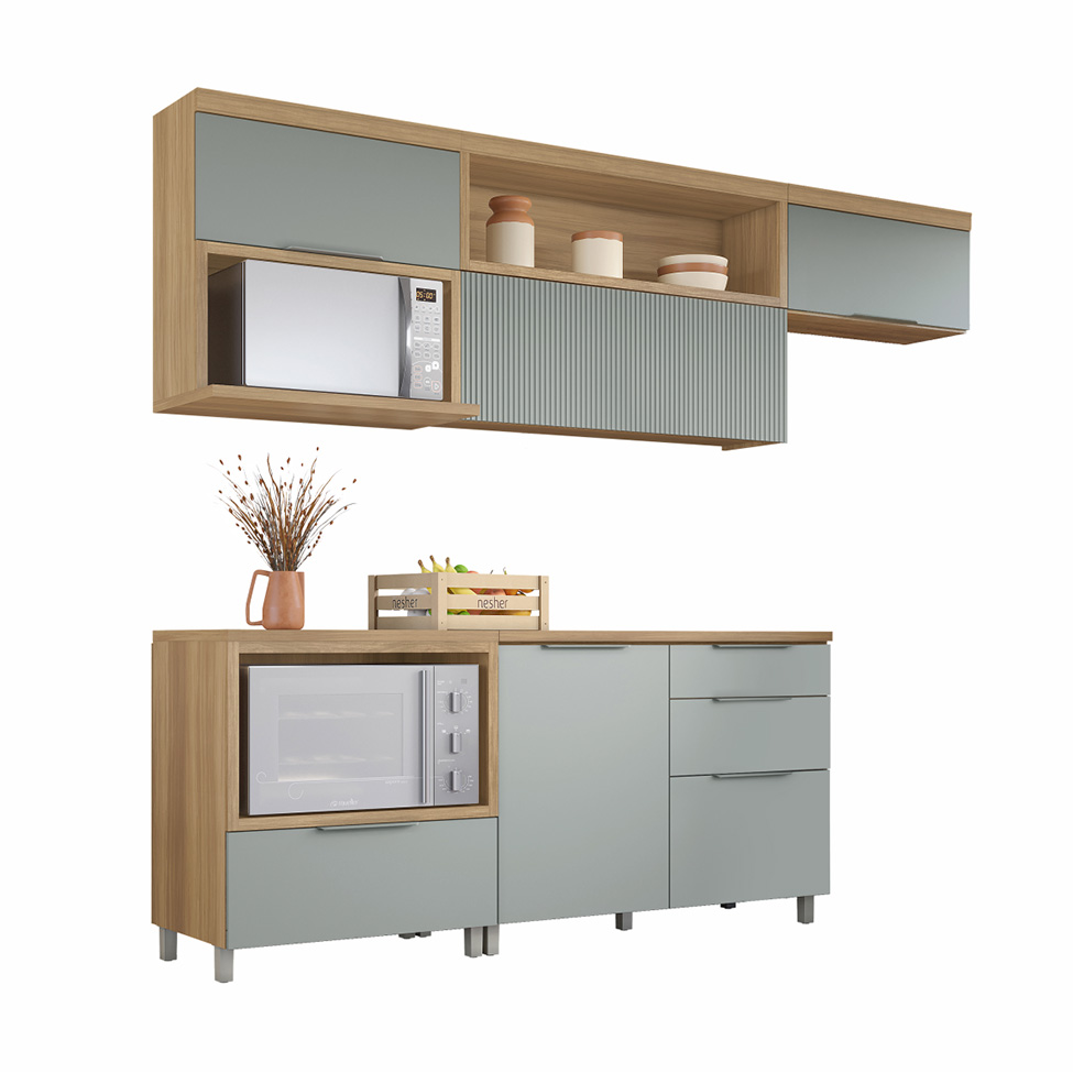 Cozinha Compacta com Nicho para Microondas Marquesa 100% MDF 4 Portas 4 Gavetas Verde e Nature