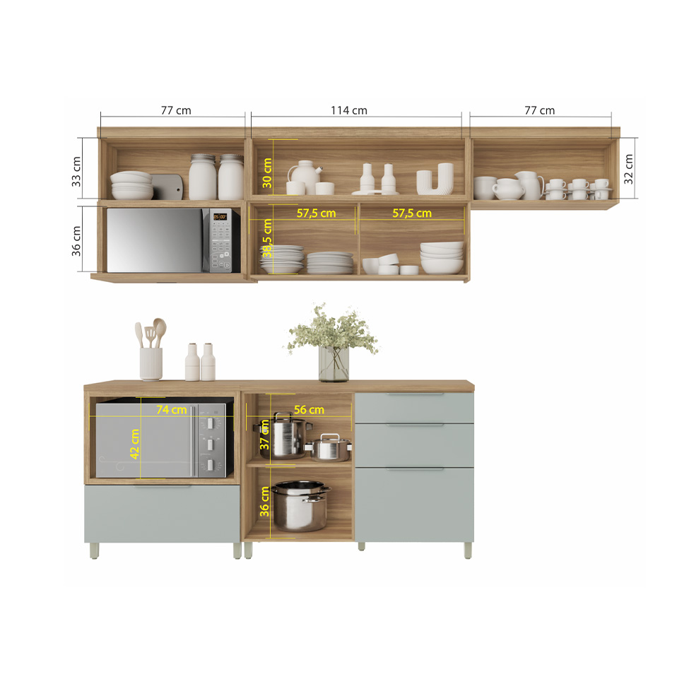 Cozinha Compacta com Nicho para Microondas Marquesa 100% MDF 4 Portas 4 Gavetas Verde e Nature